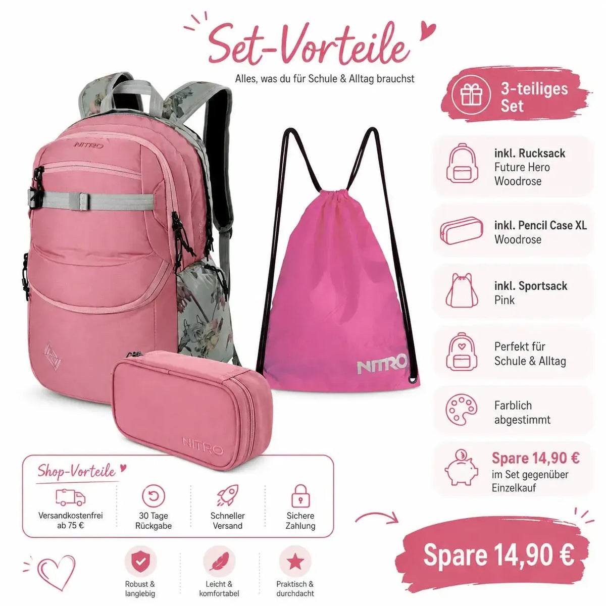Nitro Schulrucksack Set Future Hero Woodrose – 3-teilig inkl. Pencil Case XL & Sportsack-Nitrobags-Shop