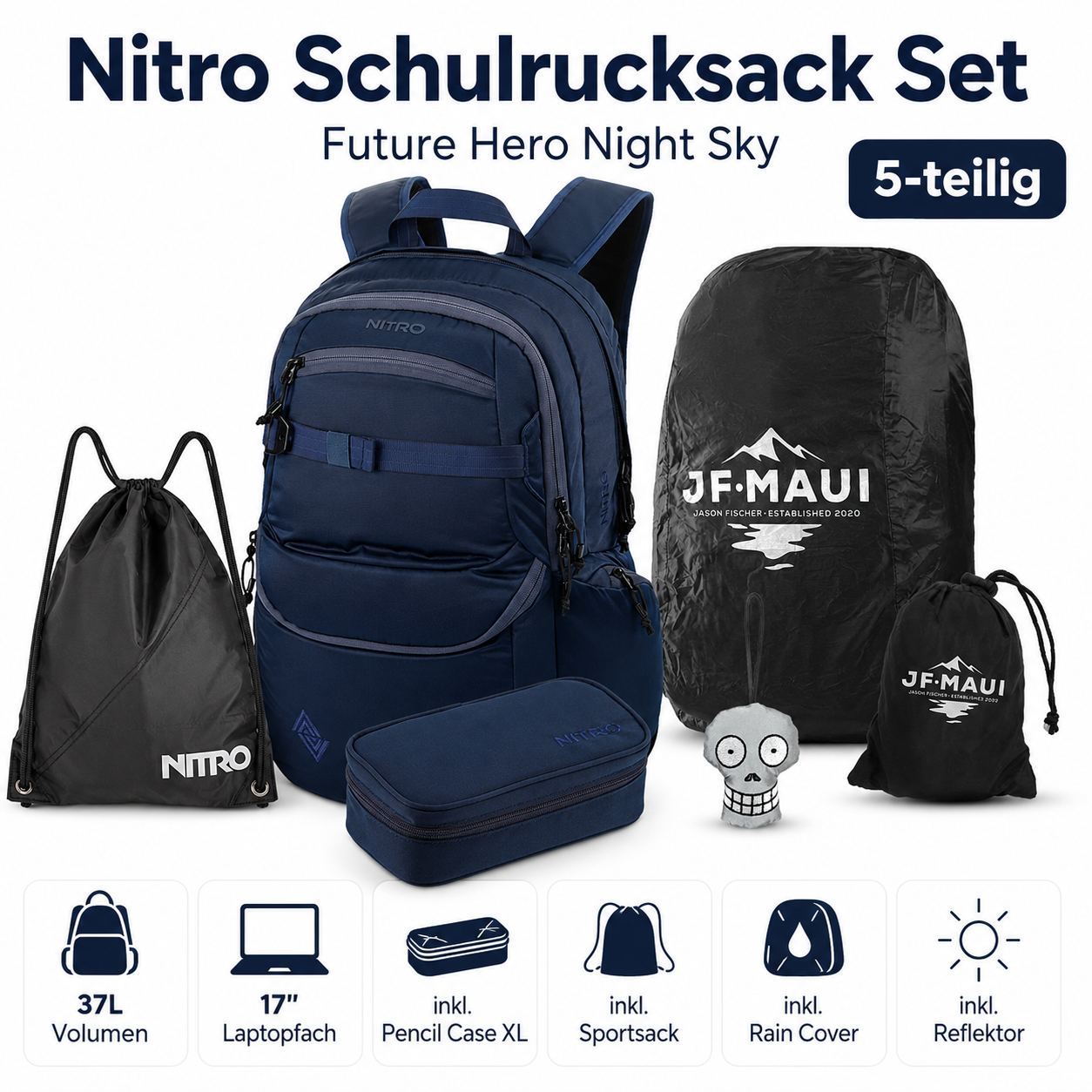 Nitro Schulrucksack Set PLUS Future Hero Night Sky – 5-teilig inkl. Pencil Case XL, Sportsack, Rain Cover & Reflektor