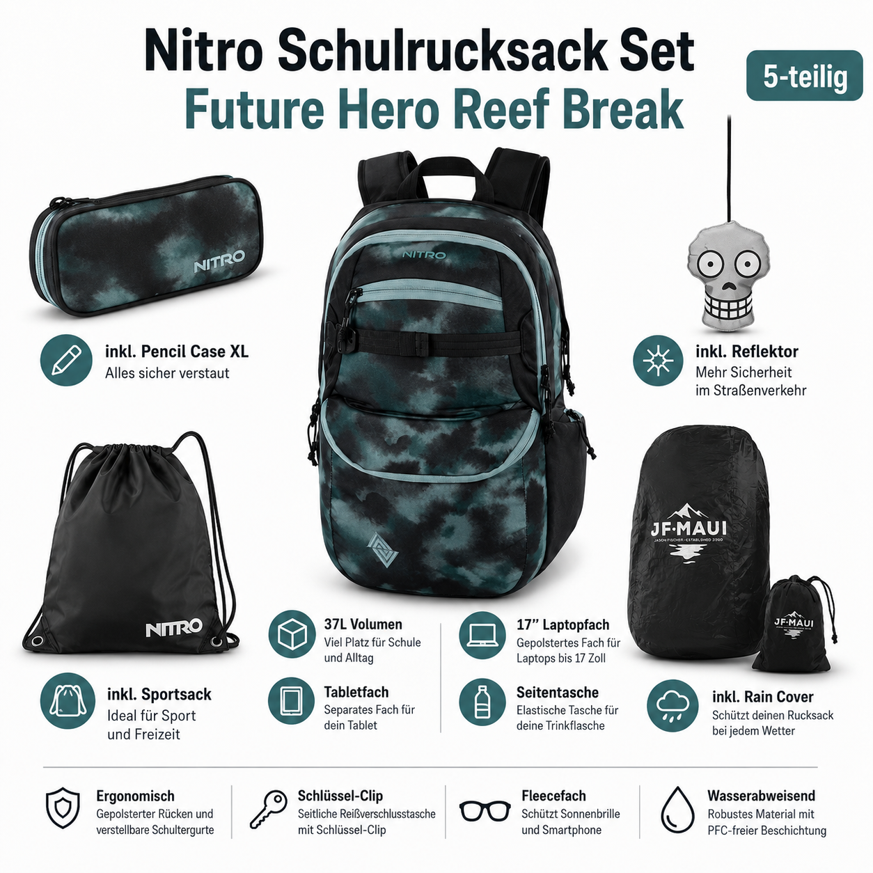Nitro Schulrucksack Set PLUS Future Hero Reef Break – 5-teilig inkl. Pencil Case XL, Sportsack, Rain Cover & Reflektor