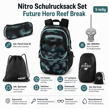 Nitro Schulrucksack Set PLUS Future Hero Reef Break – 5-teilig inkl. Pencil Case XL, Sportsack, Rain Cover & Reflektor