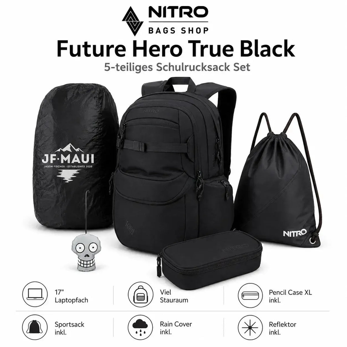 Nitro Schulrucksack Set PLUS Future Hero True Black – 5-teilig inkl. Pencil Case XL, Sportsack, Rain Cover & Reflektor-Nitrobags-Shop