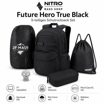 Nitro Schulrucksack Set PLUS Future Hero True Black – 5-teilig inkl. Pencil Case XL, Sportsack, Rain Cover & Reflektor-Nitrobags-Shop