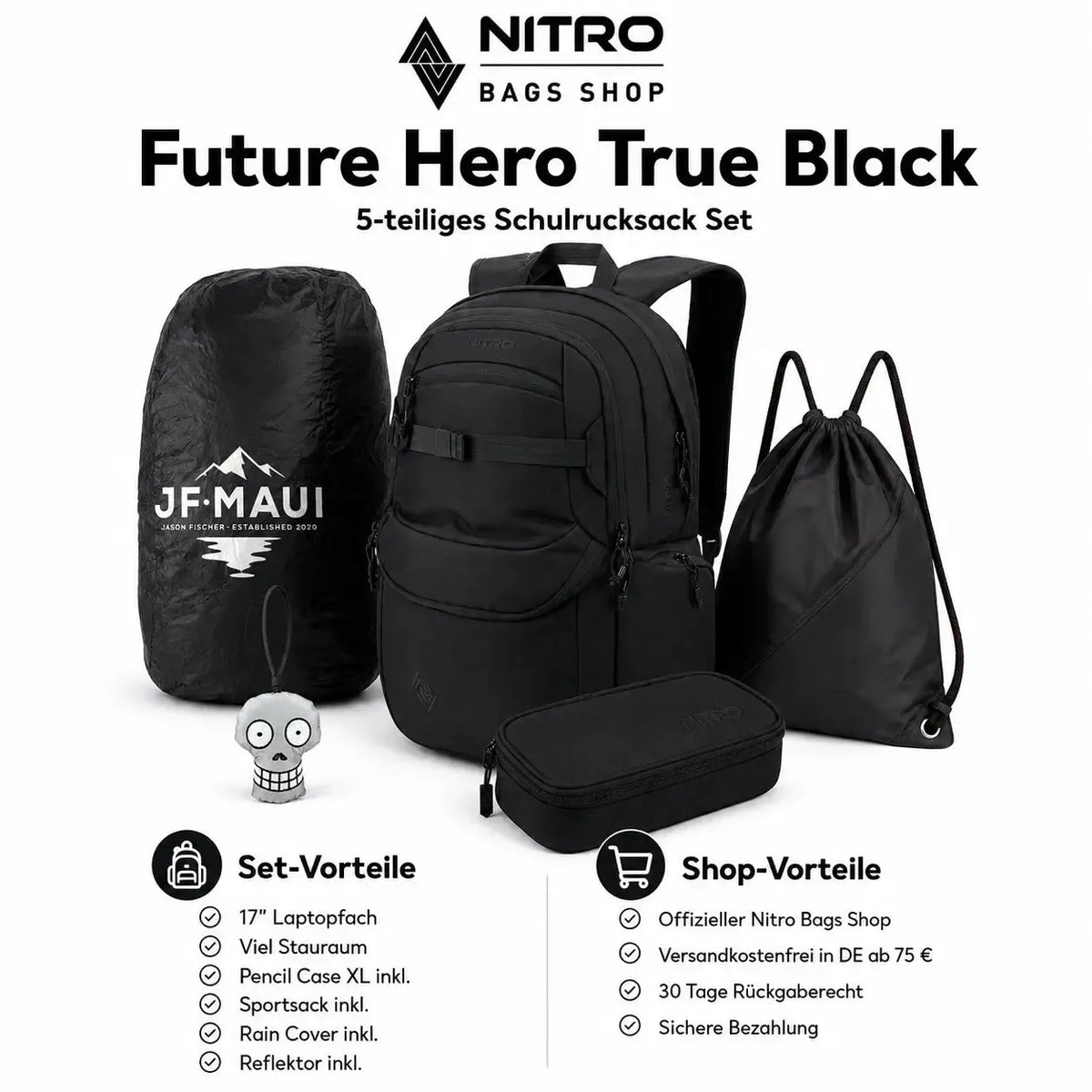 Nitro Schulrucksack Set PLUS Future Hero True Black – 5-teilig inkl. Pencil Case XL, Sportsack, Rain Cover & Reflektor-Nitrobags-Shop