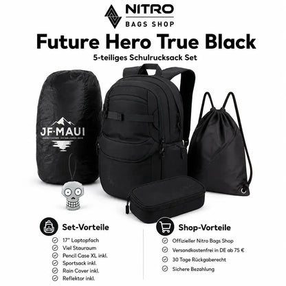 Nitro Schulrucksack Set PLUS Future Hero True Black – 5-teilig inkl. Pencil Case XL, Sportsack, Rain Cover & Reflektor-Nitrobags-Shop