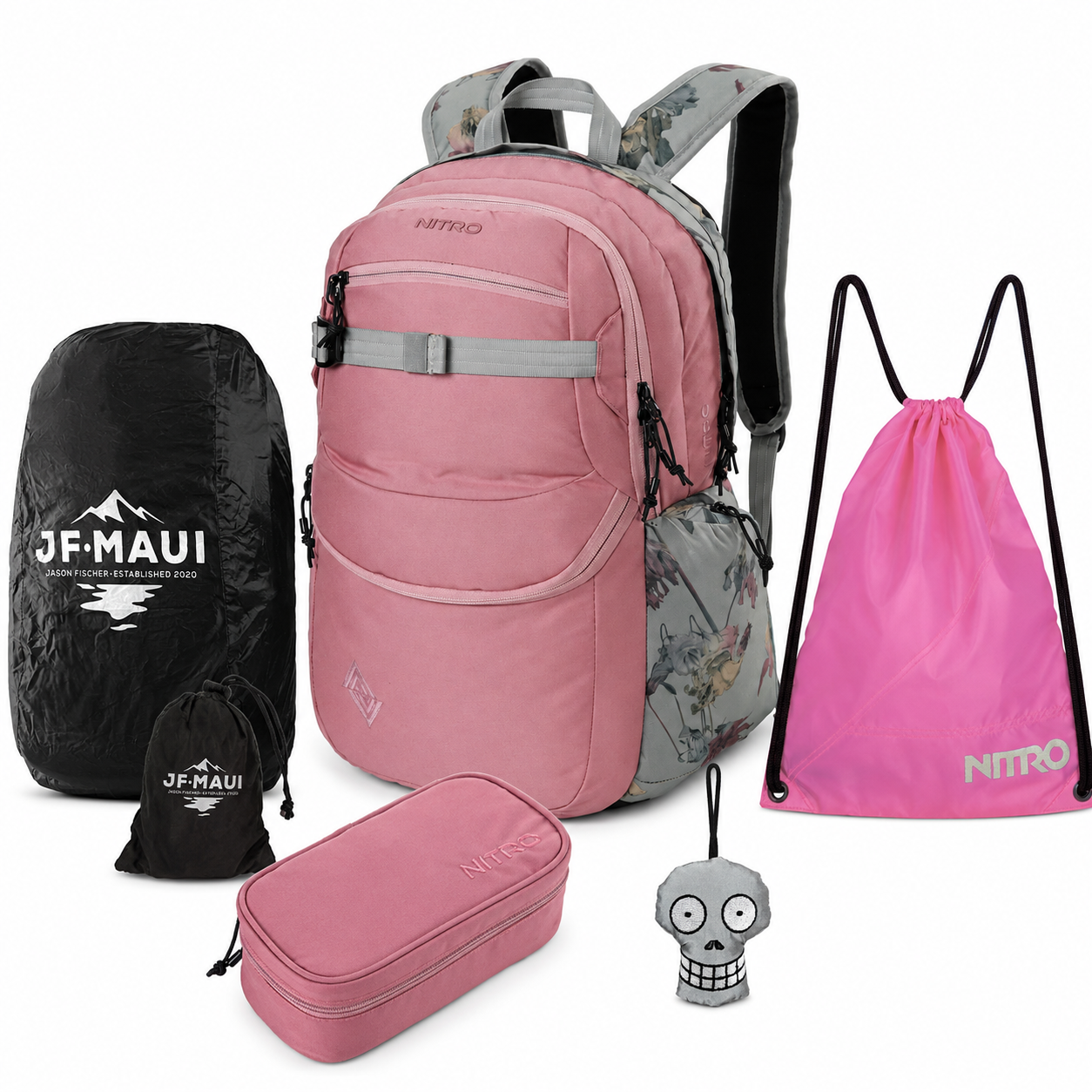 Nitro Schulrucksack Set PLUS Future Hero Woodrose – 5-teilig inkl. Pencil Case XL, Sportsack, Rain Cover & Reflektor