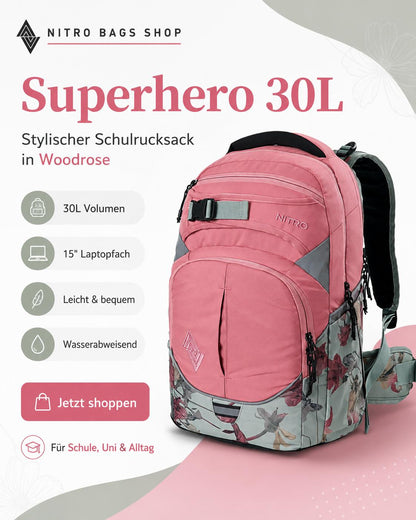 Nitro Superhero 30L Rucksack mit 15 Zoll Laptopfach – Woodrose-Nitrobags-Shop