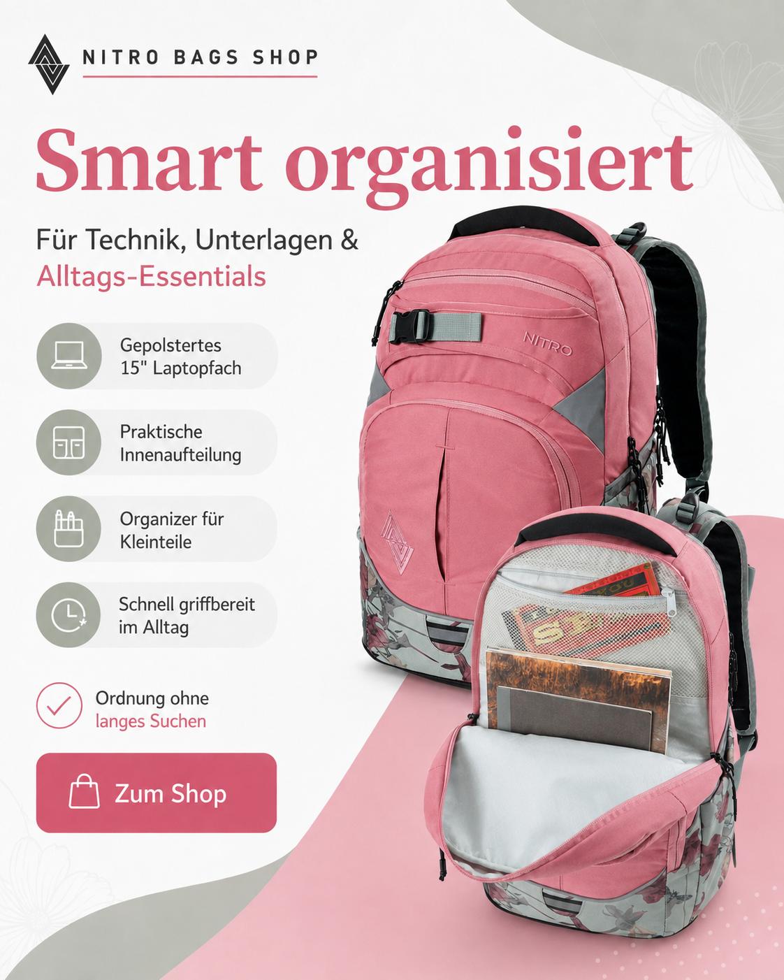 Nitro Superhero 30L Rucksack mit 15 Zoll Laptopfach – Woodrose-Nitrobags-Shop
