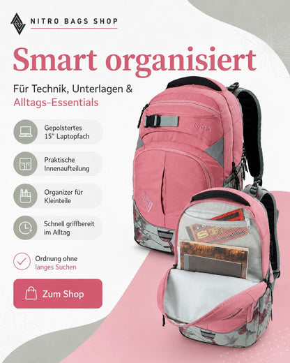Nitro Superhero 30L Rucksack mit 15 Zoll Laptopfach – Woodrose-Nitrobags-Shop