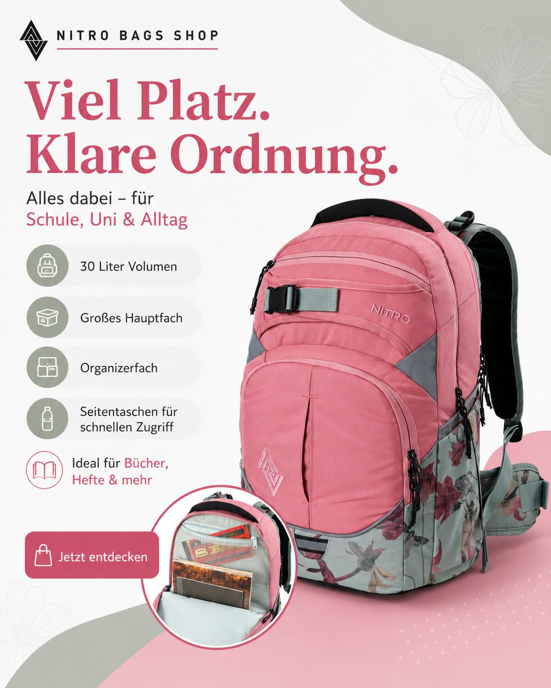 Nitro Superhero 30L Rucksack mit 15 Zoll Laptopfach – Woodrose-Nitrobags-Shop