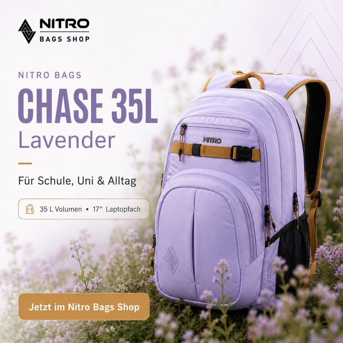 Nitro Chase 35L Rucksack in Lavendel mit 17-Zoll-Laptopfach, braunen Akzenten und praktischen Außentaschen.