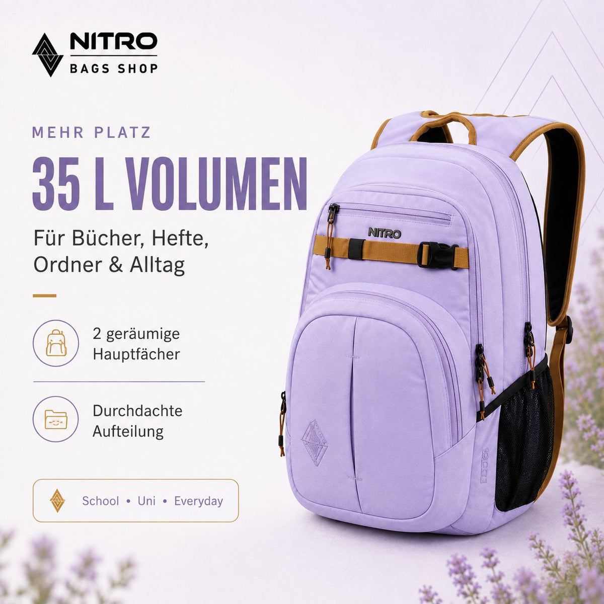 Nitro Chase 35L Rucksack in Lavendel mit Laptopfach, zwei Hauptfächern und braunen Akzenten für Schule und Alltag.