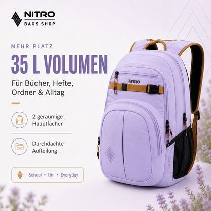 Nitro Chase 35L Rucksack in Lavendel mit Laptopfach, zwei Hauptfächern und braunen Akzenten für Schule und Alltag.