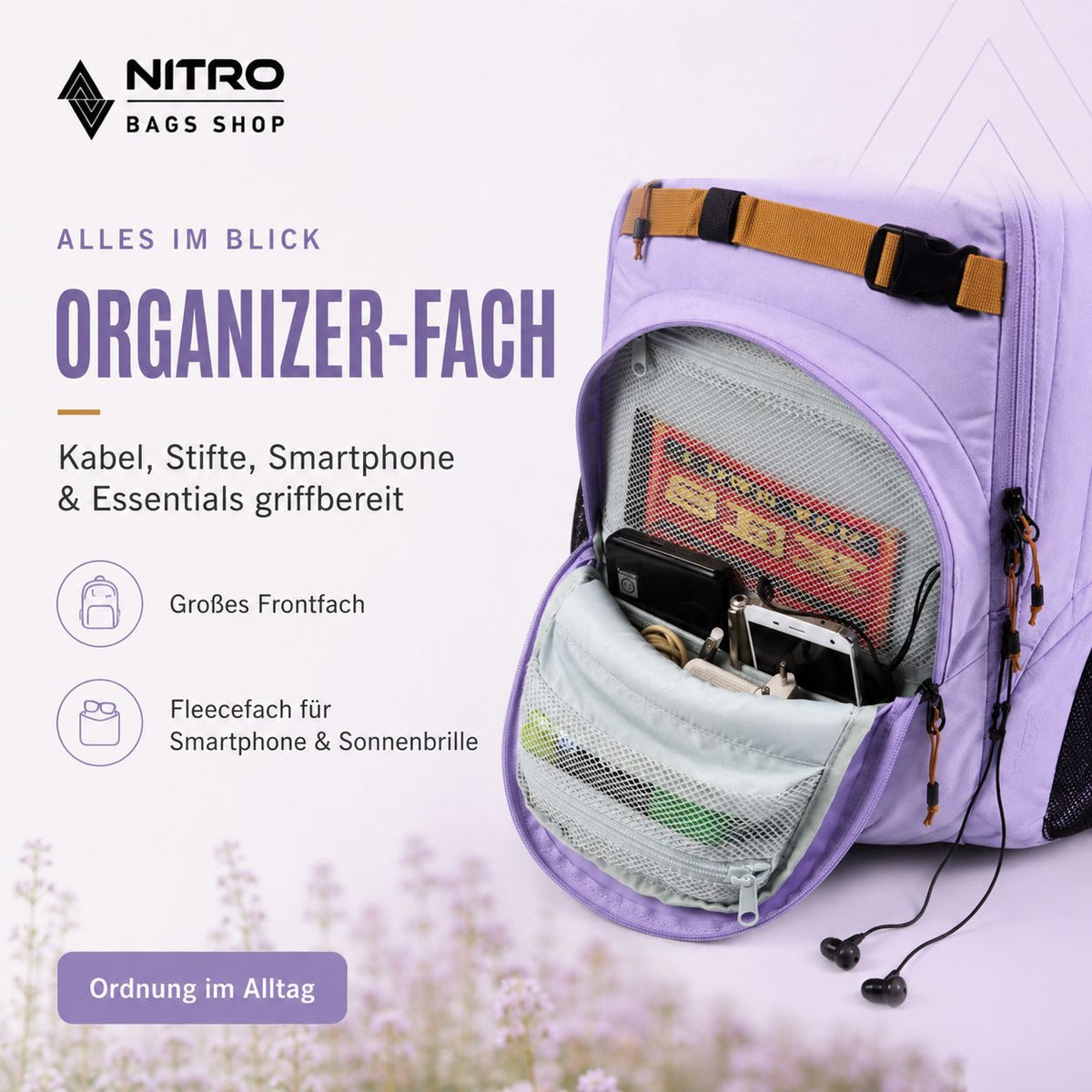 Nitro Chase 35L Rucksack in Lavendel mit offenem Organizer-Frontfach für Zubehör und Fleece-Innenfach.