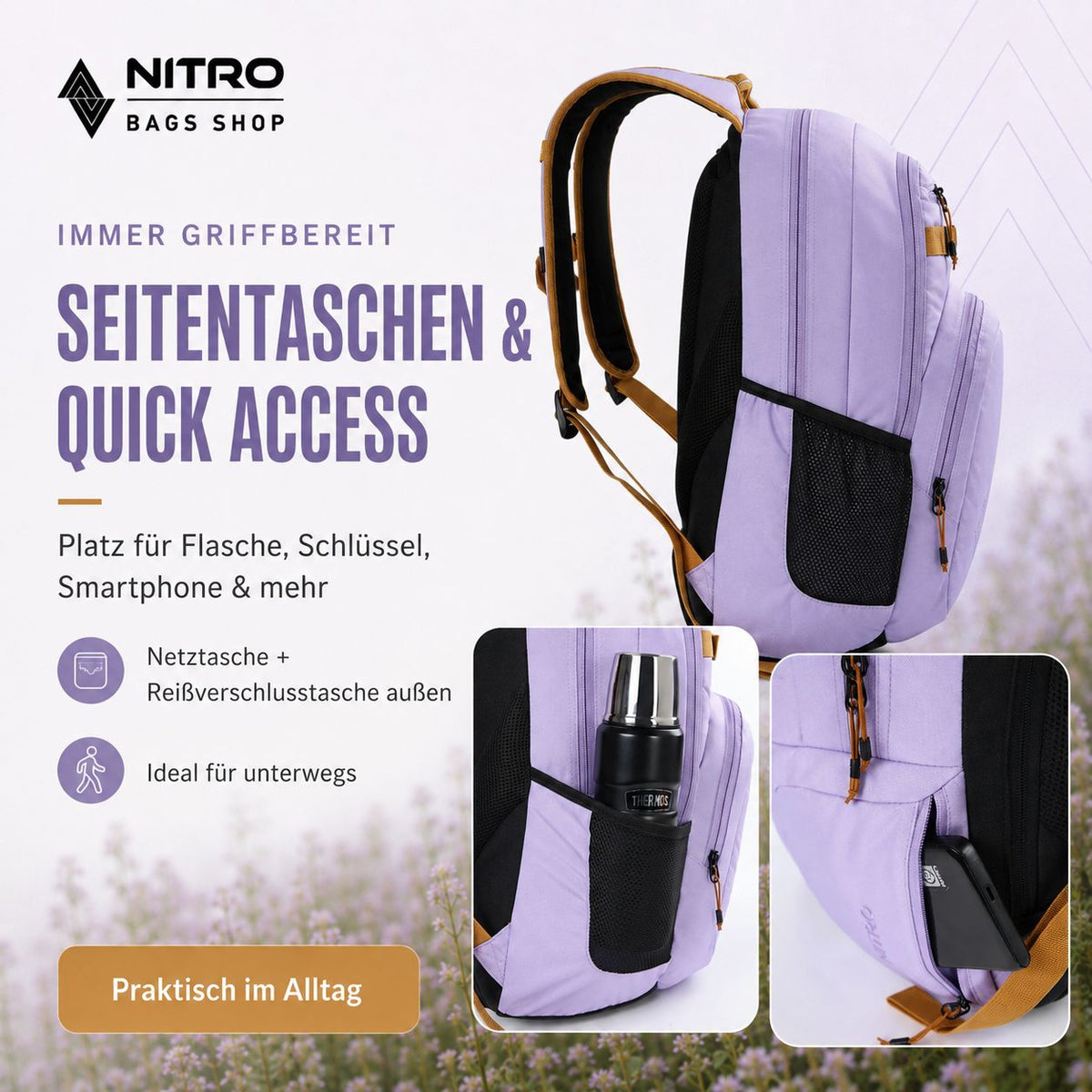 Nitro Chase 35L Rucksack in Lavendel mit Laptopfach, Seitentaschen aus Netzstoff und praktischen Reißverschlussfächern.
