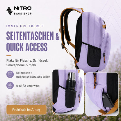 Nitro Chase 35L Rucksack in Lavendel mit Laptopfach, Seitentaschen aus Netzstoff und praktischen Reißverschlussfächern.