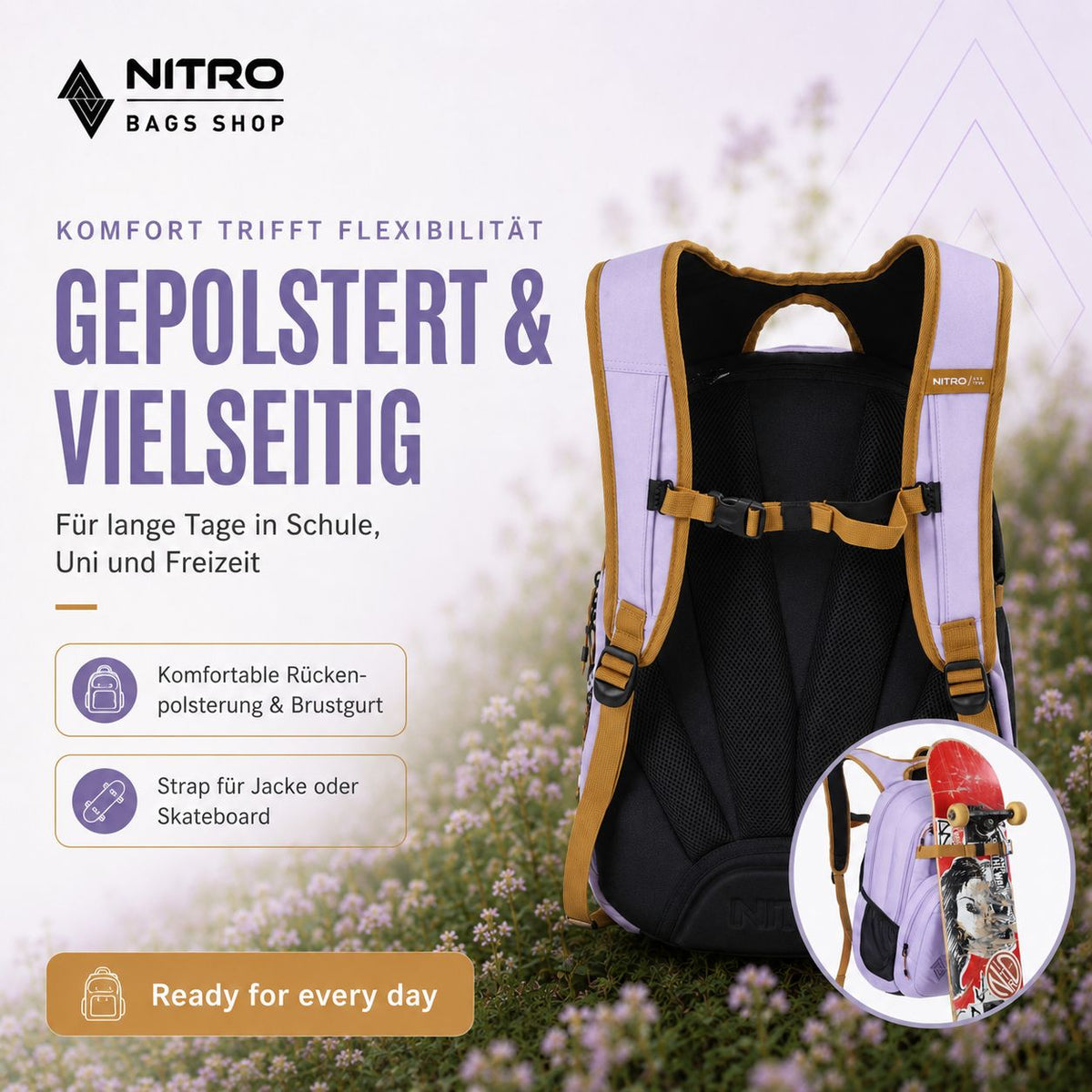 Nitro Chase 35L Rucksack in Lavendel mit gepolstertem Rückenteil, Brustgurt und Skateboard-Halterung.