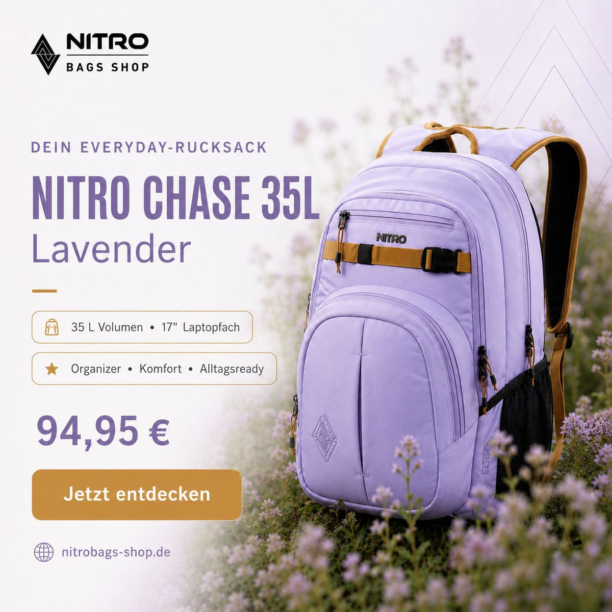 Nitro Chase 35L Rucksack in Lavendel mit 17-Zoll-Laptopfach, Organizer-Fächern und kontrastierenden braunen Details.
