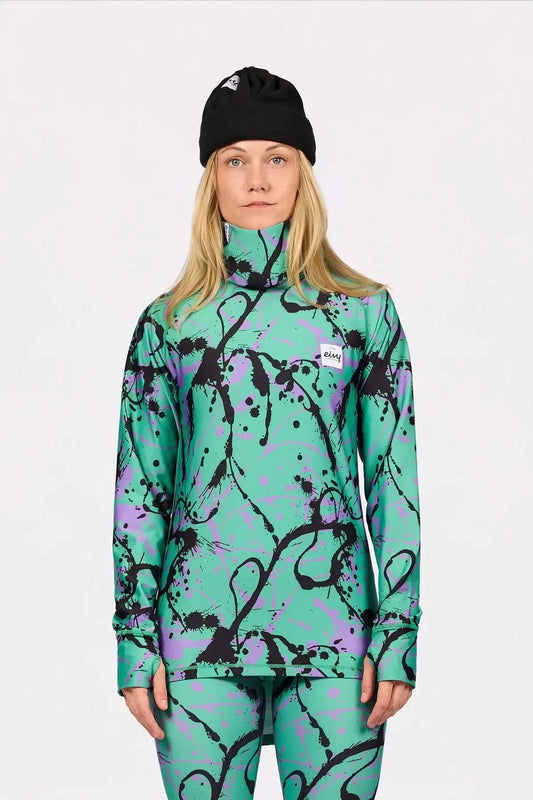 Eivy Icecold Baselayer-Oberteil mit Stehkragen in Grün, Lila und Schwarz mit abstraktem Drips-Muster und Eivy-Logo.