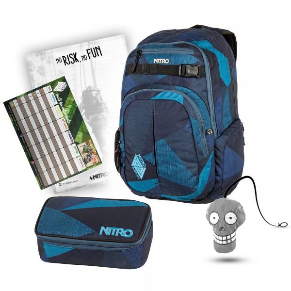 Nitro Chase Rucksack Fragments Blue 35L + Pencil Case XL Schulset mit Reflektor, Block &amp; Stundenplan
