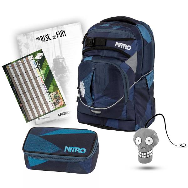 Nitro Superhero Rucksack Fragments Blue 30L + Pencil Case XL Schulset mit Reflektor, Block &amp; Stundenplan